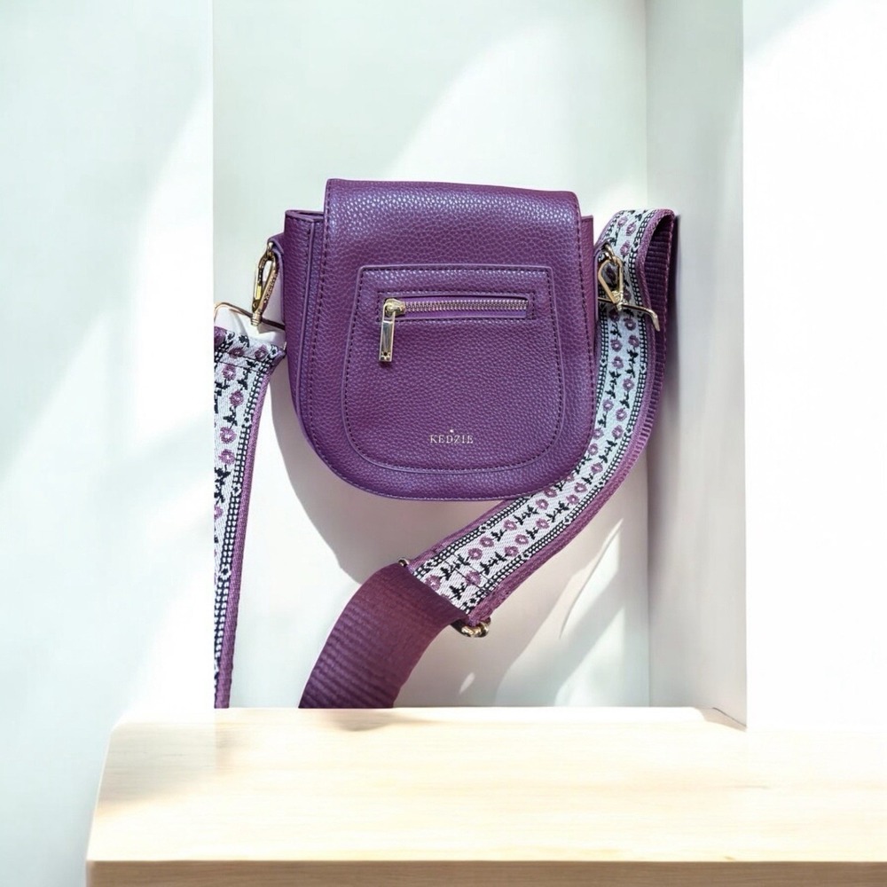 Kedzie Camden Purple Mini Messenger‎ Purse With Floral Strap in Vegan Leather